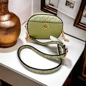Michael Kors Jet Set Glam Light Sage Leather Front Pocket Oval
Crossbody Handbag